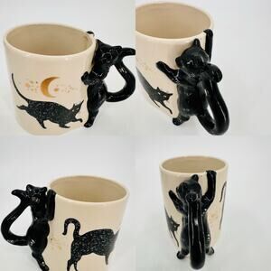 3D Black Cat Moon & Stars Coffee Mug Sculpted Handle Gold Accents PAPER DESTINY